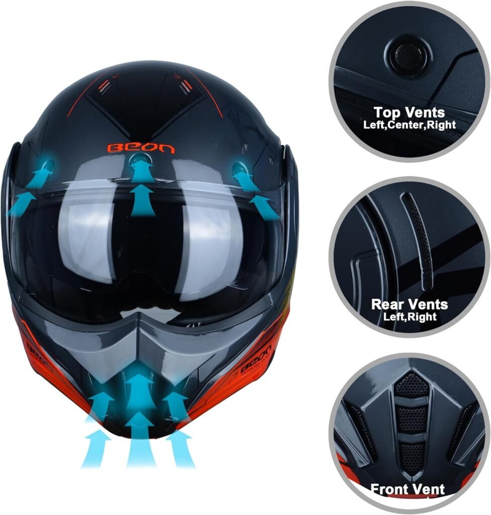 BEON Full Face Motorcycle Helmet DOT Approved, 180° Reversible Chin Guard Modular Pilot Helmet with Anti-Fog Dual Visors and Bluetooth Headset Slots for Adult Men Women (S-XXL)