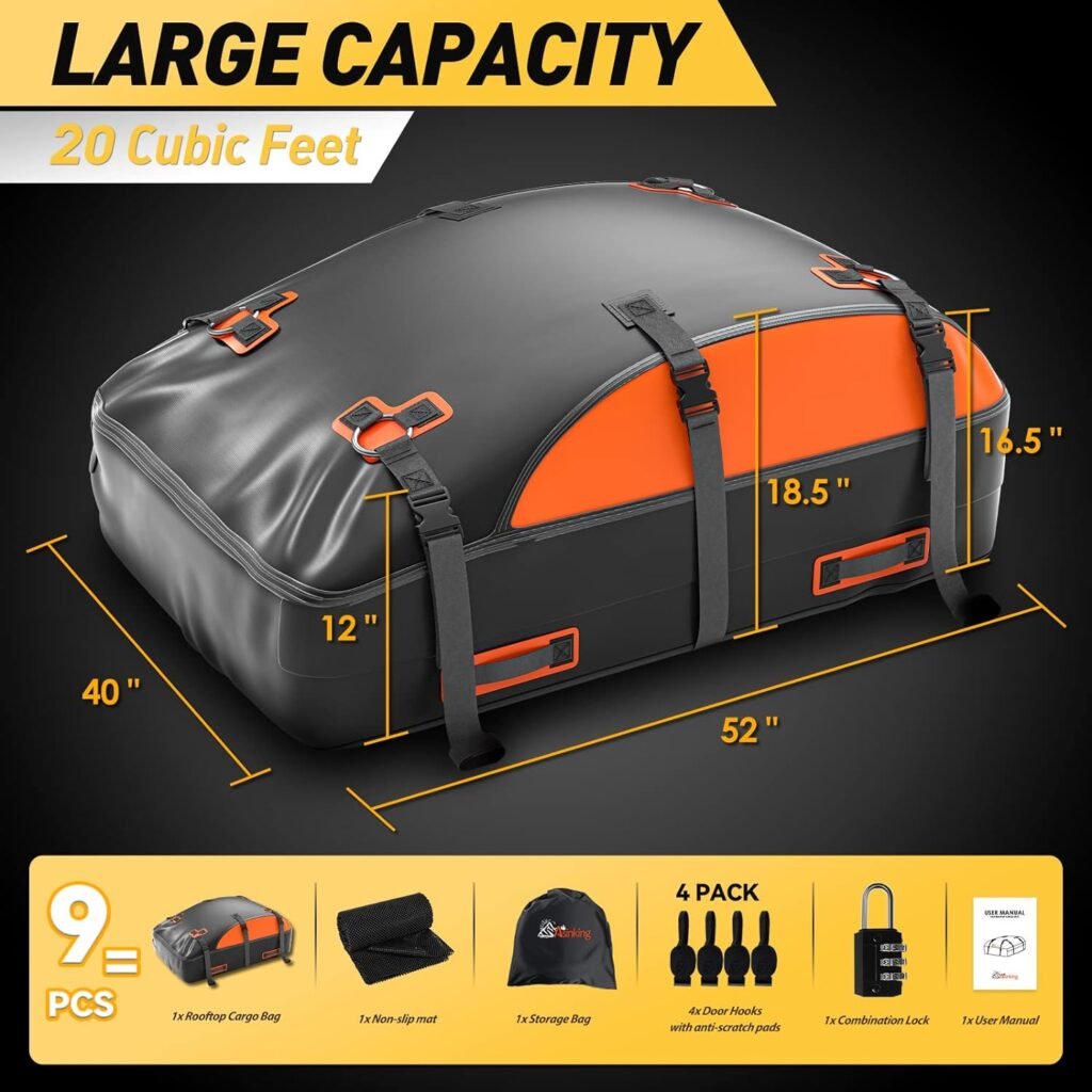 Car Rooftop Cargo Carrier Bag, 100% Waterproof Non-Rip 20 Cubic Feet Car Roof Bag for All Vehicles with/Without Rack, Includes Non-Slip Mat, Luggage Lock, 4 Door Hooks, Storage Bag
