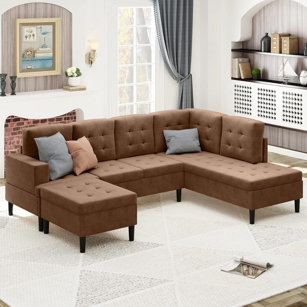 CECER Modern Upholstered Tufted L-Shape Sofa|Microsuede Fabric Reversible Sectional Sofa Set|Oversized Big Sleeper Sofa Couch with Movable Ottoman for Living Room/Loft/Apartment -Coffee