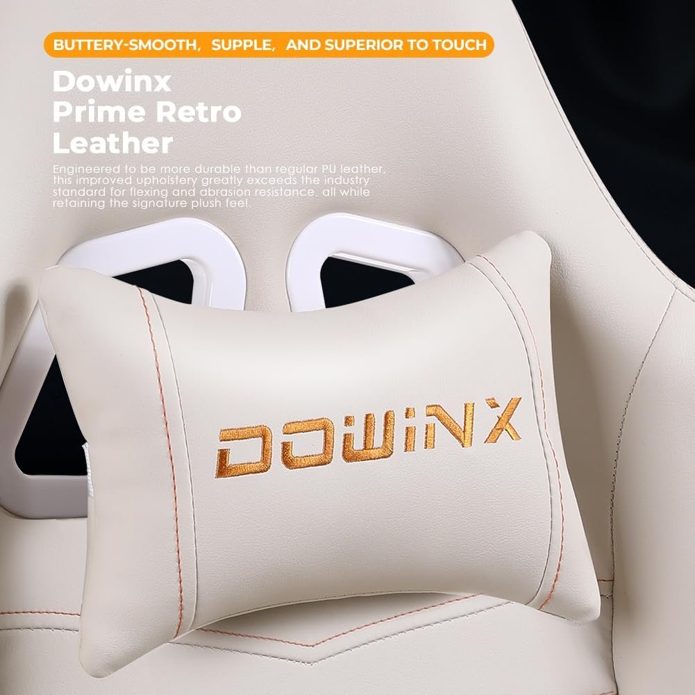 Dowinx Gaming Chair Office Desk Chair with Massage Lumbar Support, Vintage Style Armchair PU Leather E-Sports Gamer Chairs with Retractable Footrest (Ivory)