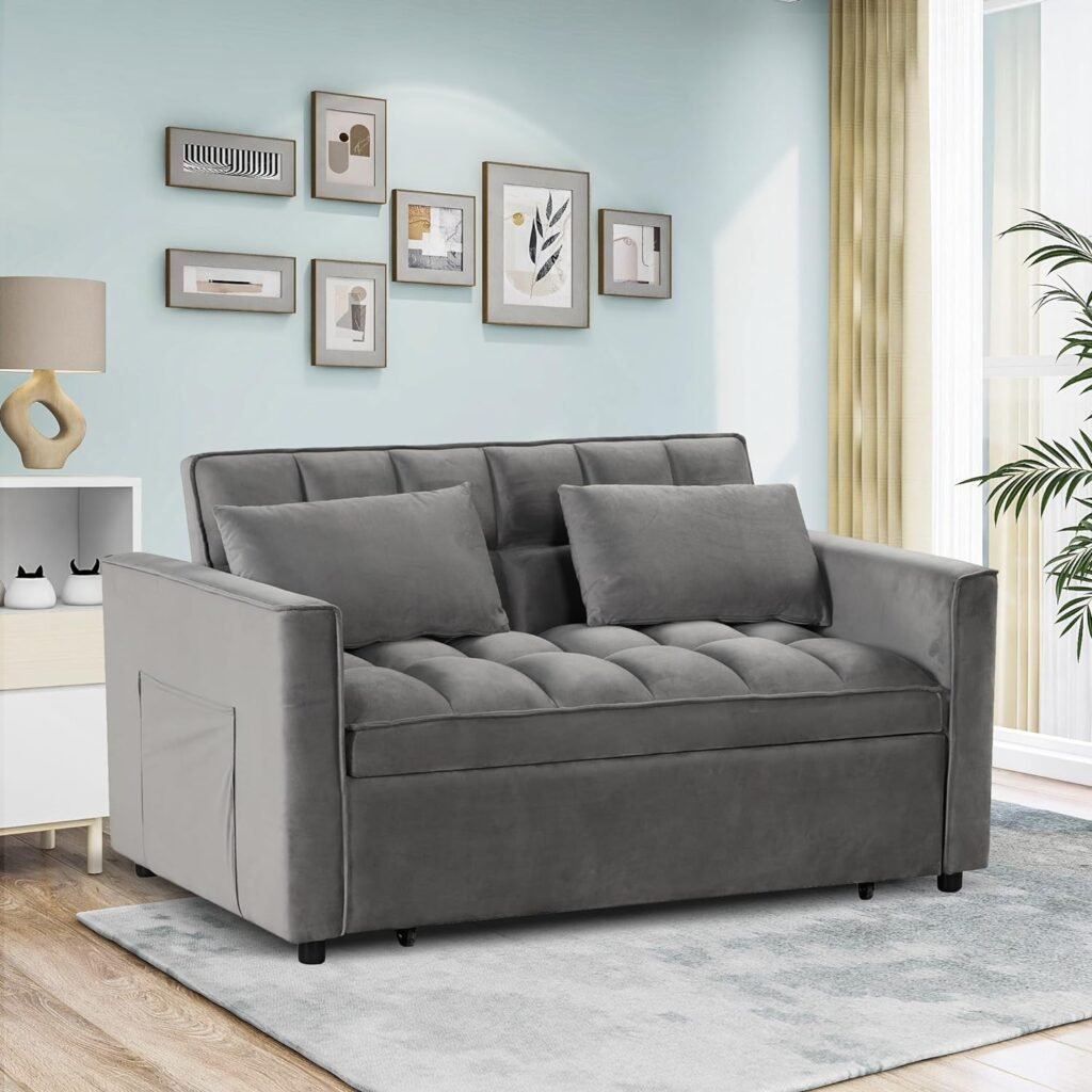 EBELLO 3 in 1 Convertible Sleeper Sofa Bed, Modern Velvet Loveseat Futon Couch Pullout Bed for Living Room, Small Love Seat Lounge Sofa with Reclining Backrest, Pillows and Side Storage Pocket, Gray