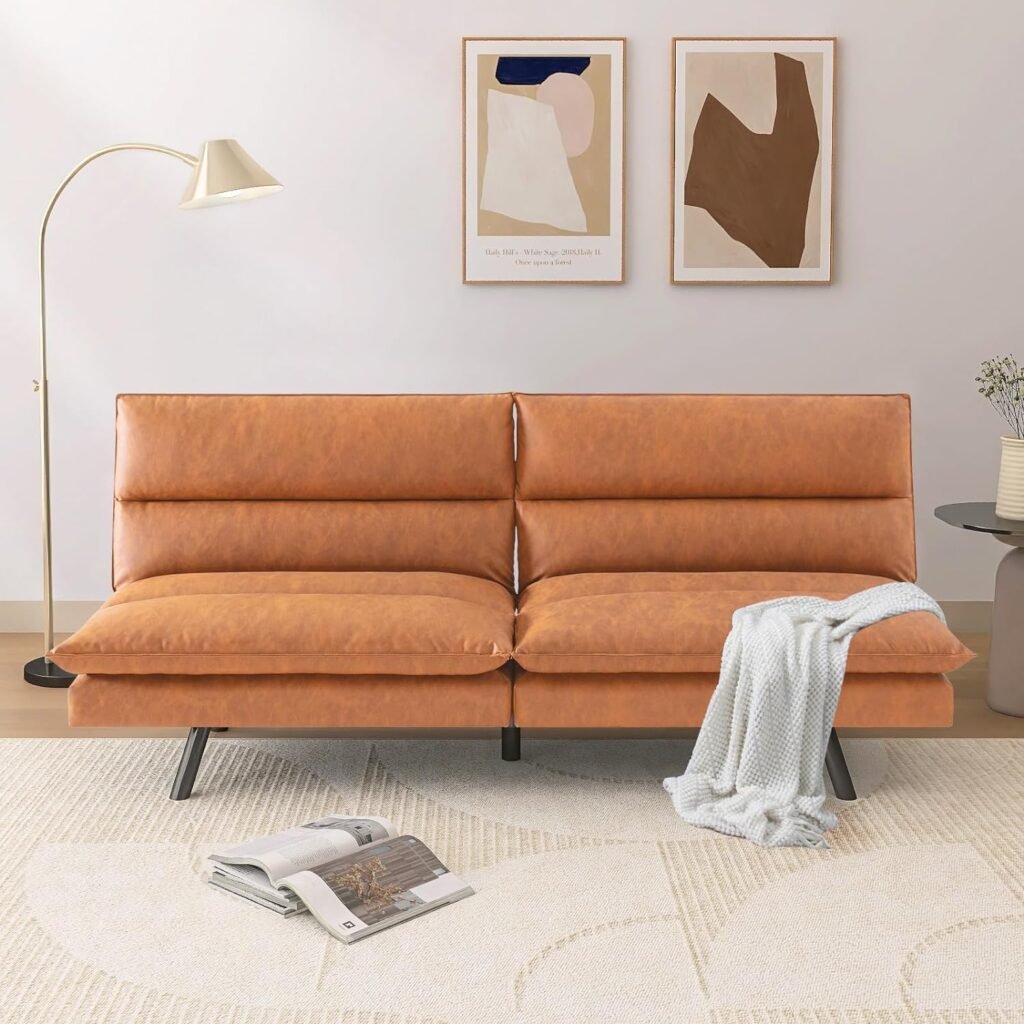 Hcore, Convertible Sleeper, Memory Foam Futon Couch,Loveseat Bed,Small Splitback Modern Sofa Sofabed, Light Brown