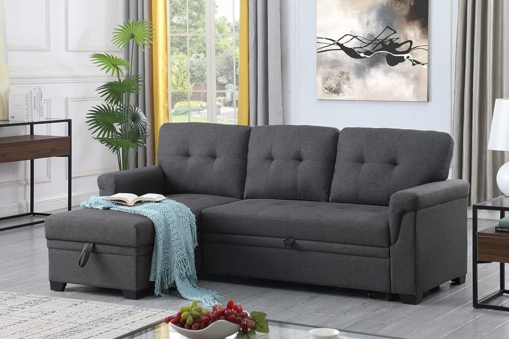 KELRIA L-Shape Reversible Linen Fabric Sleeper Sectional Sofa with Storage Chaise, Corner Couch with Arms for Living Room, Home Furniture, Apartment, Dorm, Gray, 84 Inch