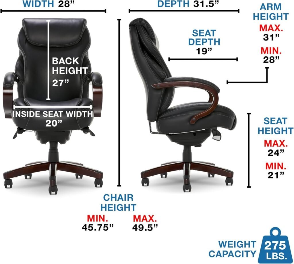 La-Z-Boy Hyland Executive Office Chair with AIR Technology, Adjustable High Back Ergonomic Lumbar Support, Mahogany Wood Finish, Bonded Leather, Black