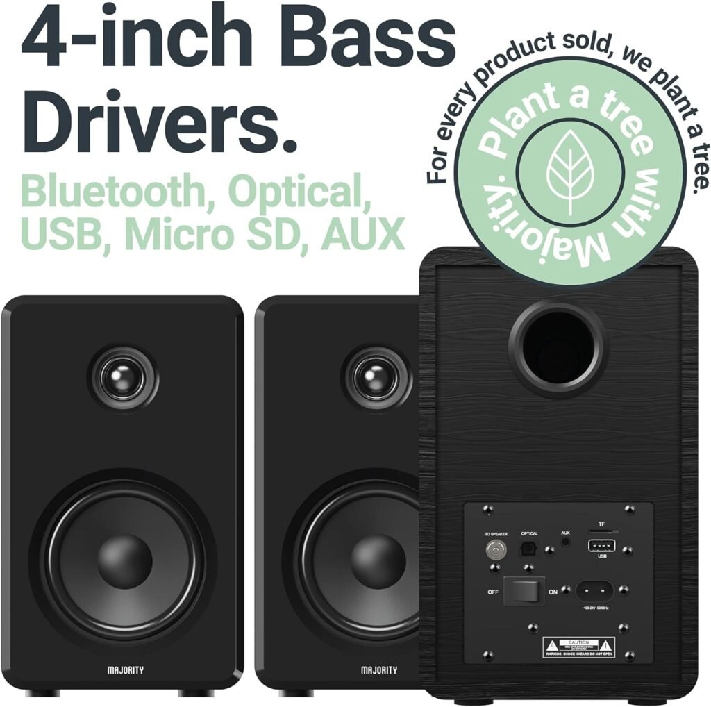 Majority D40 Active Bookshelf Speakers | Powered Stereo Studio Speakers | Powerful Amplified 2.0 Channel Sound | Bluetooth, Optical, RCA, USB  Aux Playback | Digital Controls | HiFi Speakers