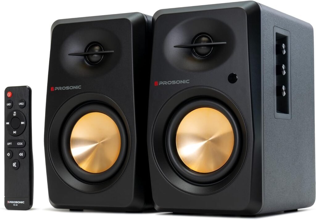 Prosonic BT30(2023 Version) Active Powered Bluetooth Bookshelf Speakers, Studio Monitor, Home Theater, Turntable with Optical Input, Coaxial Input, 2X RCA Aux Line Input, 80 Watts, (Black)