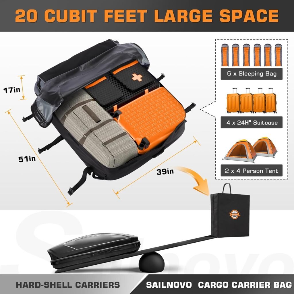 Sailnovo Rooftop Cargo Carrier, Car Roof Bag 20 Cubic Feet Reinforced Waterproof Zippers and Leather Strips with Door Hooks are Suitable for Various Types of Cars