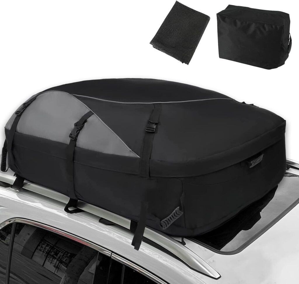 SUNPIE Car Roof Top Cargo Carrier Bag with Anti-Slip Mat, Upgrade 20 Cubic Waterproof Luggage Bag SUV Soft-Shell Roof Rack Cargo Carrier for Cars with/Without Racks- Waterproof  Coated Zippers