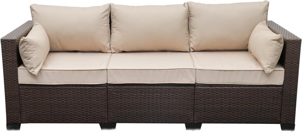 WAROOM Patio Couch PE Wicker 3-Seat Outdoor Brown Rattan Sofa Deep Seating Furniture with Non-Slip Beige Cushion