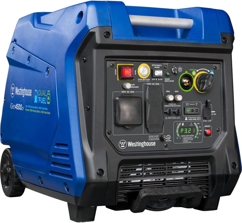 Westinghouse 4500 Peak Watt Super Quiet Dual Fuel Portable Inverter Generator, Remote Electric Start, Gas  Propane Powered, RV Ready 30A Outlet, Parallel Capable,Blue/Black