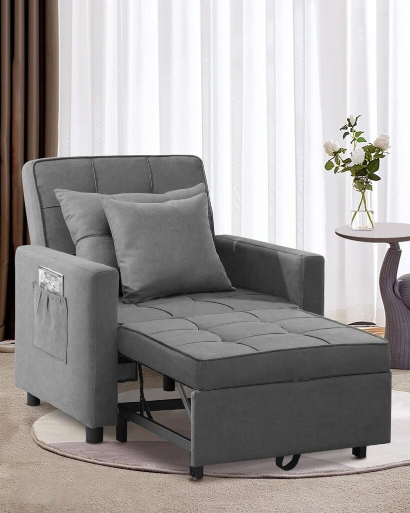 XSPRACER Convertible Chair Bed, Sleeper Chair Bed 3 in 1, Adjustable Recliner, Armchair, Sofa, Bed, Fleece, Dark Gray, Single One