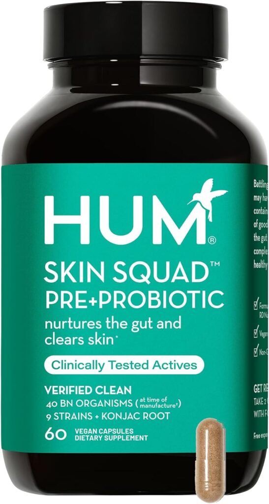 HUM Skin Squad - Probiotic Supplement for Clear Skin  Gut Health - Microbiome Probiotics for Problem Skin  Breakouts (60 Vegan Capsules, 30 Day Supply)