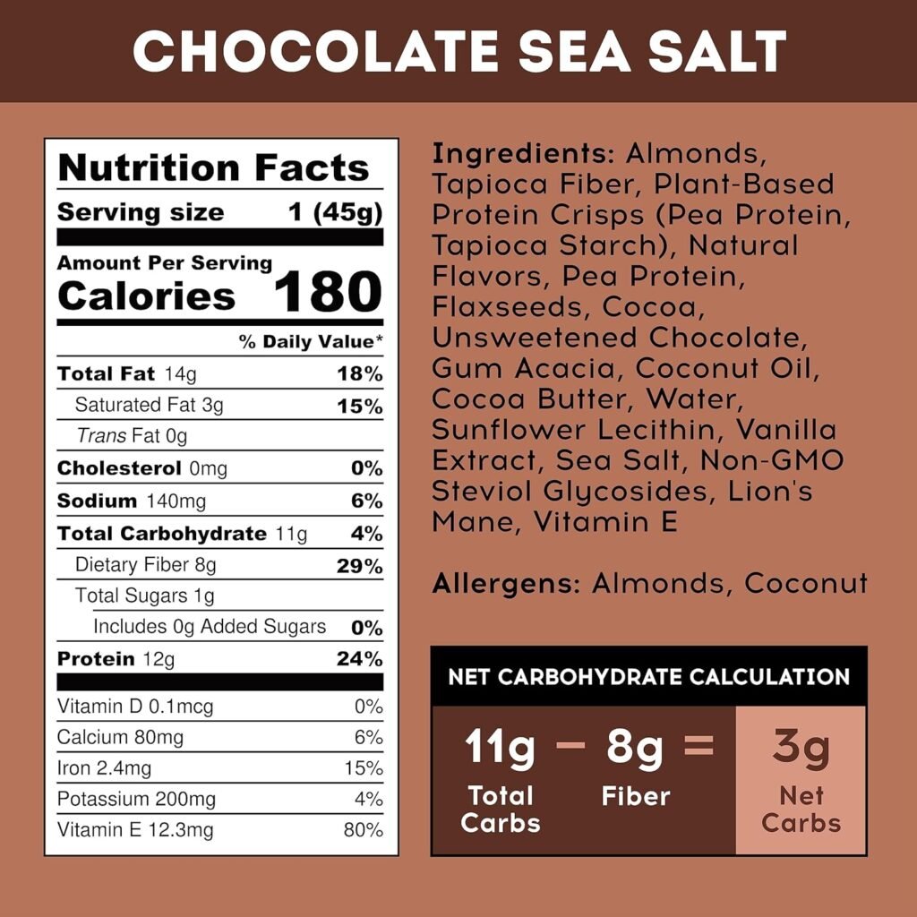 IQBAR Brain and Body Keto Protein Bars - Chocolate Sea Salt - 12-Count Energy Bars - Low Carb/Sugar - High Fiber Meal Replacement Bars - Vegan Snacks