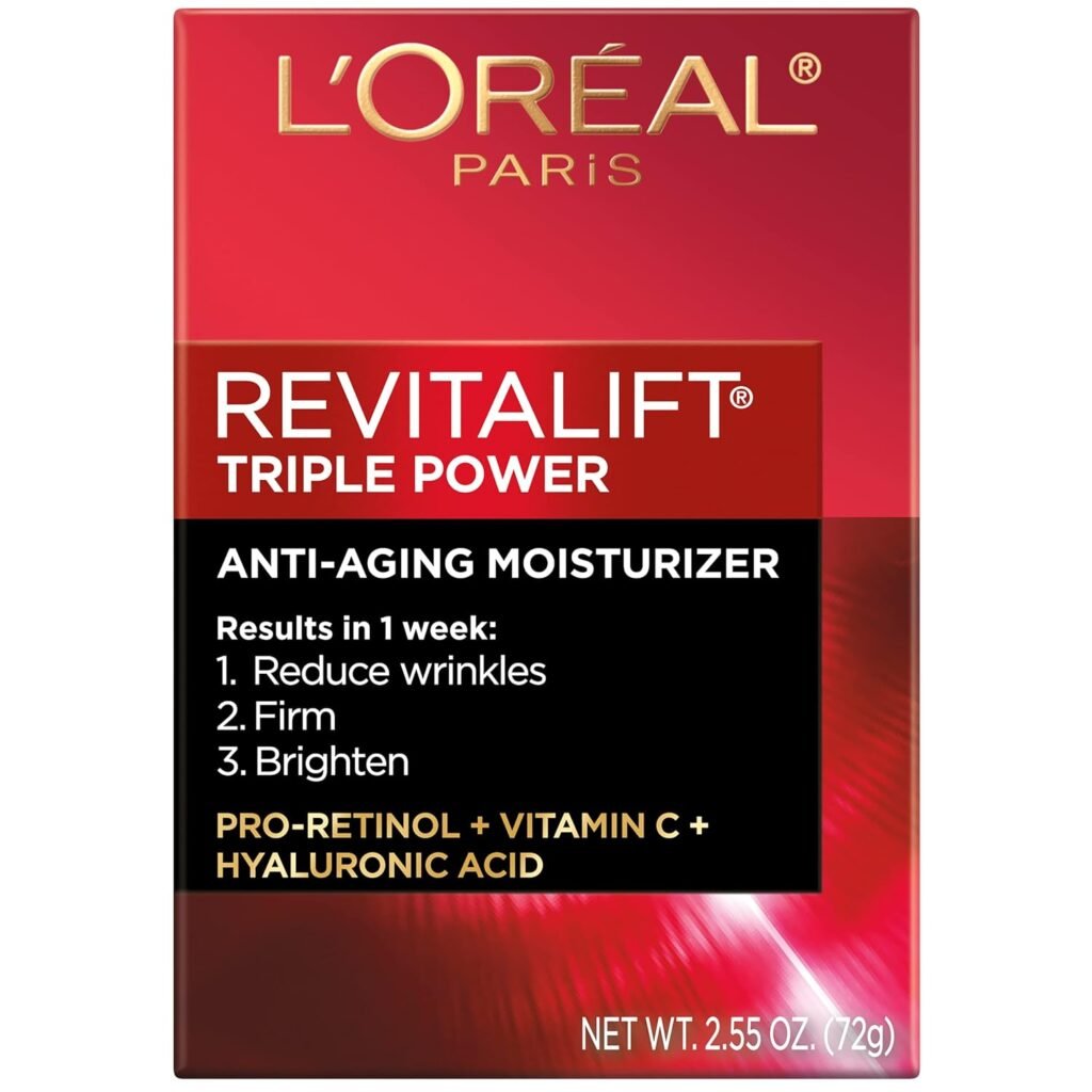 LOreal Paris Revitalift Triple Power Anti-Aging Face Moisturizer, Fragrance Free, Pro Retinol, Hyaluronic Acid  Vitamin C to Reduce Wrinkles, Firm  Brighten Skin, 2.55 Oz