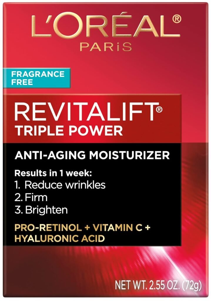 LOreal Paris Revitalift Triple Power Anti-Aging Face Moisturizer, Fragrance Free, Pro Retinol, Hyaluronic Acid  Vitamin C to Reduce Wrinkles, Firm  Brighten Skin, 2.55 Oz