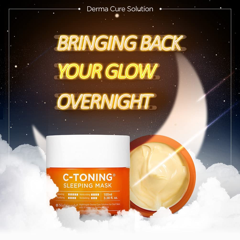 Nightingale C Toning Sleeping Mask Pack, Korean Skincare Overnight Facial Mask Moisturizer with Vitamin C, 10 Kinds of Vitamins  Hyaluronic Acid  Niacinamide Night Cream, 3.38 Fl Oz